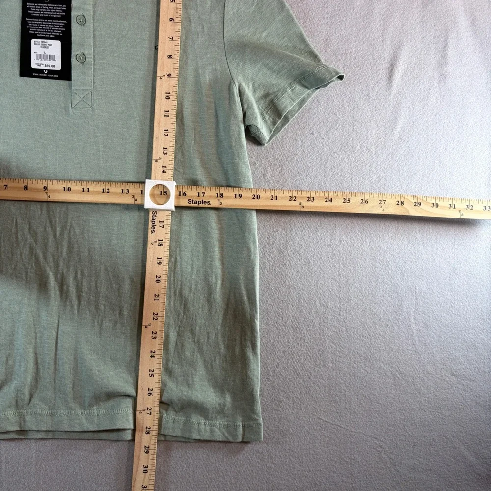 True Religion Mens SS Henley Shirt Desert Pine Green Large 105046 NWT